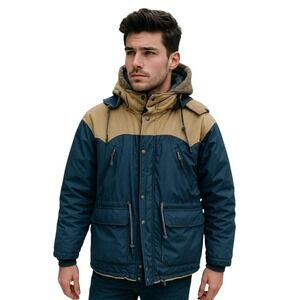 Vintage 80s/90s Carl Michaels Parka Jacket Blue & Tan Corduroy Trim Hooded M